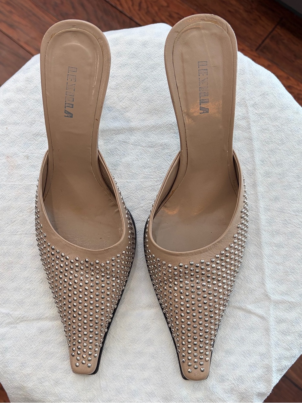 Vintage LeSilla Light Tan Studded Pointed-Toe Mule Heels